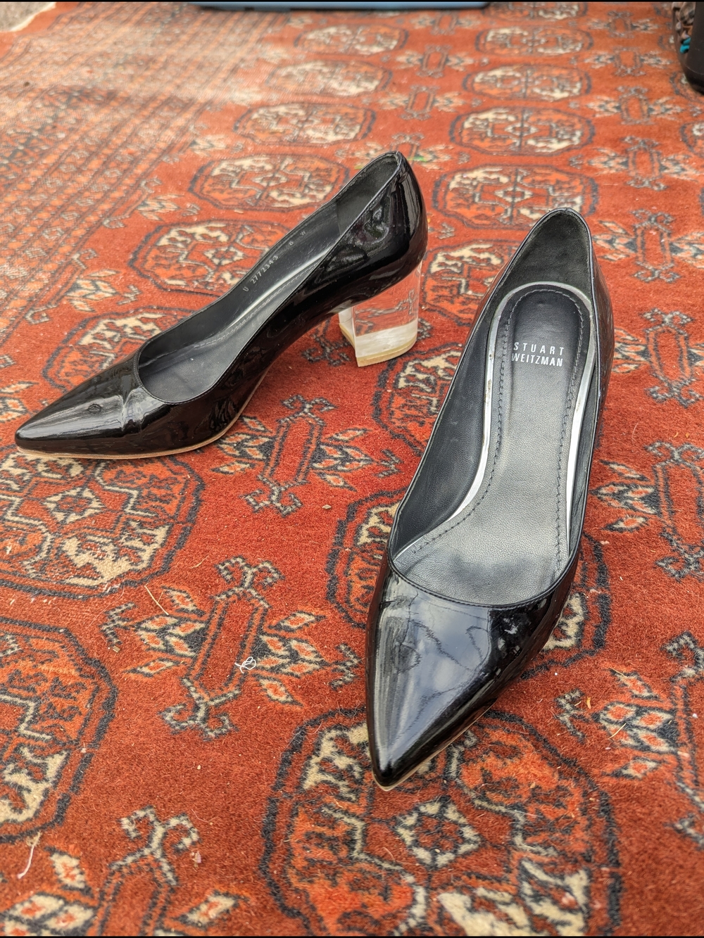Stuart Weitzman Black Patent Leather Pointed Toe Block Heel Pumps